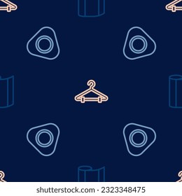 Set line Textile fabric roll, Sewing chalk and Hanger wardrobe on seamless pattern. Vector