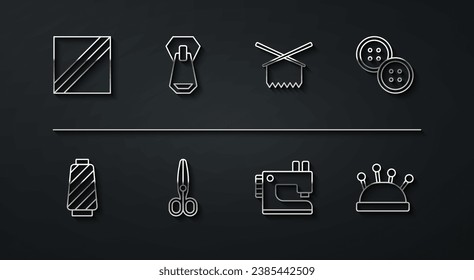Set line Textile fabric roll, Sewing thread on spool, button, machine, Scissors, Zipper, Needle bed and needles and Knitting icon. Vector