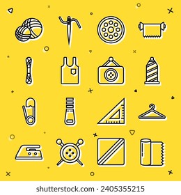 Set line Textile fabric roll, Hanger wardrobe, Sewing thread, button, Sleeveless T-shirt, Yarn, ball and Tailor shop icon. Vector