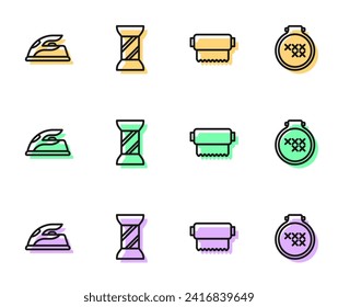 Set line Textile fabric roll, Electric iron, Sewing thread spool and Round adjustable embroidery hoop icon. Vector