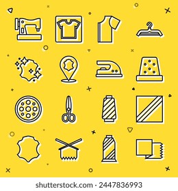 Set line Textile fabric roll, Thimble for sewing, Sewing pattern, Leather, machine and Electric iron icon. Vector