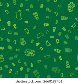 Set line Textile fabric roll, Sewing button and thread on seamless pattern. Vector