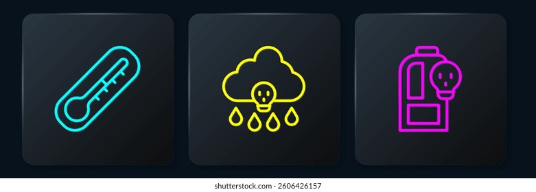 Set line Thermometer, Beaker with toxic liquid and Acid rain. Black square button. Vector