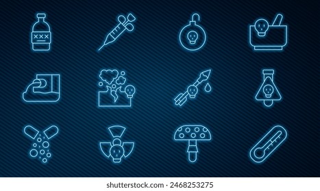 Set line Thermometer, Flasche mit Trank, Atombombe, giftige Gas- oder Rauchwolke, Abwasser, vergifteter Alkohol, der Pfeil und Spritzen-Symbol. Vektorgrafik