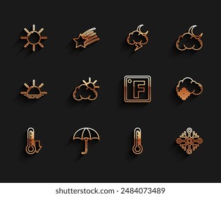 Set line Thermometer, Classic elegant opened umbrella, Sun, Snowflake, and cloud weather, Cloud with snow and Fahrenheit icon. Vector