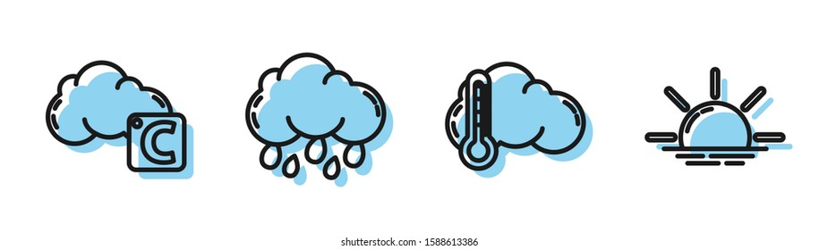 Set line Thermometer and cloud, Celsius and cloud, Cloud with rain and Sunrise icon. Vector