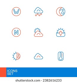 Set line Thermometer, Cloud, Day night cycle, Sunset, Compass north, and cloud weather, Moon phases and Hail icon. Vector