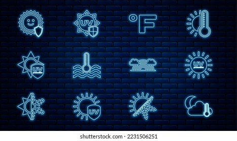 Set line Thermometer and cloud, moon, UV protection, Fahrenheit, Water thermometer, Rainbow with clouds and  icon. Vector