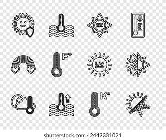 Set line Thermometer and cloud, moon, Sun snowflake, UV protection, Water thermometer, Meteorology,  and  icon. Vector