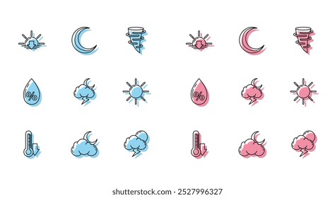 Set line Thermometer, Cloud with moon and stars, Sunset, Storm, Water drop percentage and Moon icon. Vector