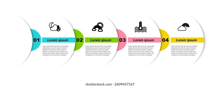 Set line Thermometer and cloud, moon, Rainbow with clouds sun, Water thermometer and . Business infographic template. Vector
