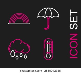 Set line Thermometer, Cloud with rain, Classic elegant opened umbrella and Rainbow clouds icon. Vector