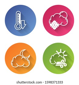 Set line Thermometer, Cloud with snow and sun, Cloud with moon and stars and Windy weather. Color circle button. Vector