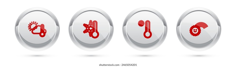 Set line Thermometer and cloud, sun, with snowflake, Meteorology thermometer and Rainbow. Silver circle button. Vector