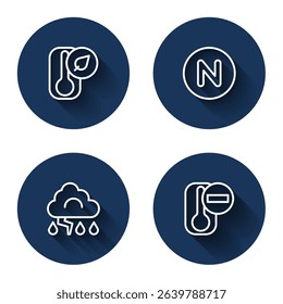 Set line Thermometer, Compass north, Cloud and lightning and  with long shadow. Blue circle button. Vector