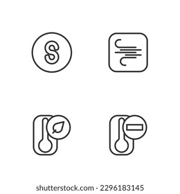 Ajuste el termómetro de línea, la brújula sur y el icono Viento. Vector