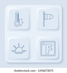 Set line Thermometer, Cone meteorology windsock wind vane, Sunrise and Fahrenheit. White square button. Vector