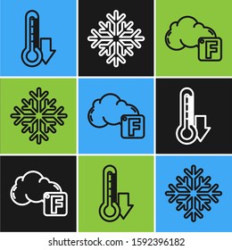 Set line Thermometer, Fahrenheit and cloud and Snowflake icon. Vector