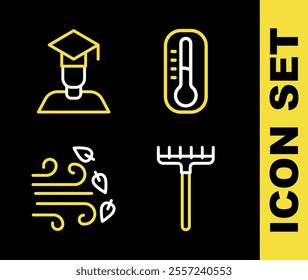 Set line Thermometer, Garden rake, Windy weather and Graduate and graduation cap icon. Vector