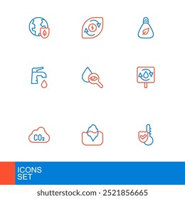 Definir linha Termômetro, Iceberg, emissões de CO2 na nuvem, Reciclar água limpa, Torneira de água, Lente e lupa, Saco de lixo e ícone de energia. Vetor