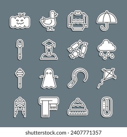 Set line Thermometer, Kite, Cloud with rain, Sweater, Graduate and graduation cap, Shovel, Pumpkin and Candy icon. Vector