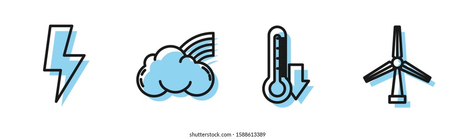 Set line Thermometer, Lightning bolt, Rainbow with clouds and Wind turbine icon. Vector