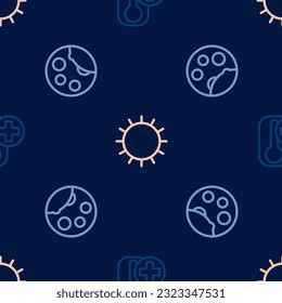 Ajuste el termómetro de línea, las fases de la luna y el sol en un patrón sin fisuras. Vector