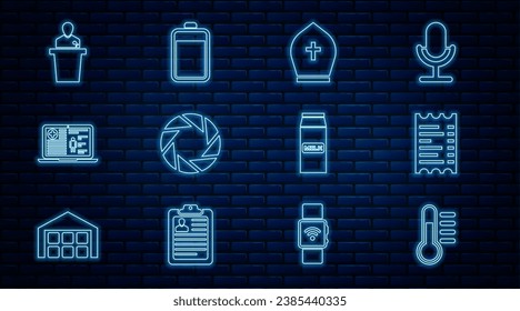 Set line Thermometer, Paper or financial check, Pope hat, Camera shutter, Medical clinical record, Speaker, package for milk and Battery icon. Vector