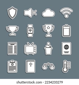Set line Thermometer, Passport, Battery, Cloud, Smartwatch with wireless, Trophy cup, Shield and  icon. Vector