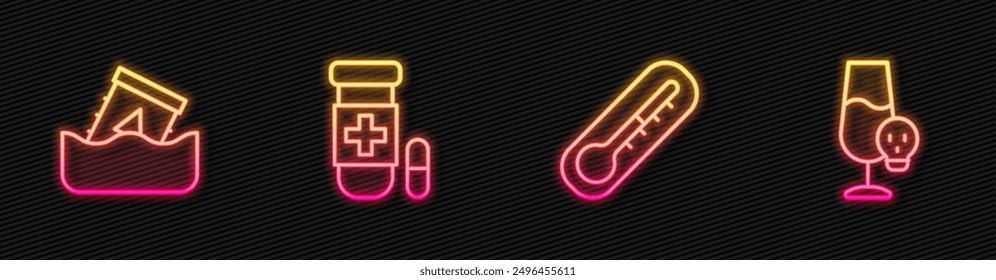 Set line Thermometer, Radioactive waste in barrel, Antidote and Poisoned alcohol. Glowing neon icon. Vector