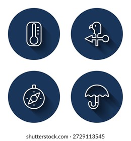 Set line Thermometer, Rooster weather vane, Compass and Umbrella with long shadow. Blue circle button. Vector