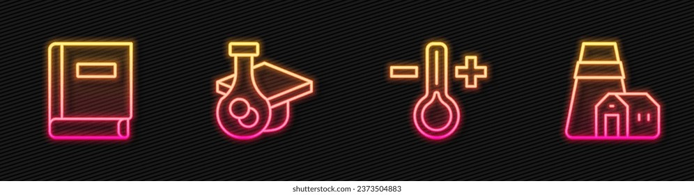 Set line Thermometer, Science book, Graduation cap and Power station plant. Glowing neon icon. Vector