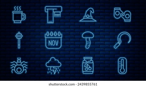 Set line Thermometer, Sichel, Hexenhut, November-Kalender Herbst, Honig-Dipper-Stick, Tasse Tee, Pilz und Winter Schal-Ikone. Vektor