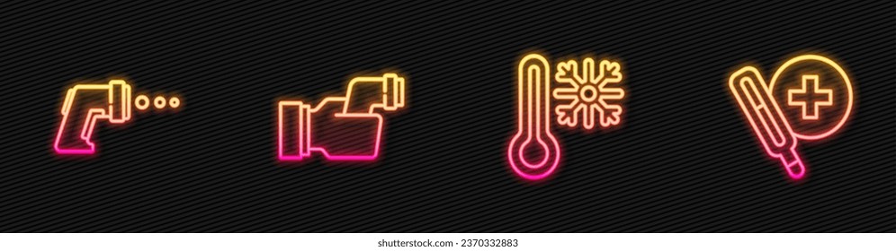 Set line Thermometer with snowflake, Digital thermometer, Checking body temperature and Medical. Glowing neon icon. Vector