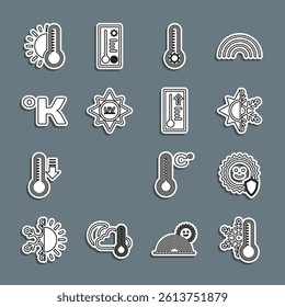 Set line Thermometer with snowflake, UV protection, Sun and, Meteorology thermometer, Kelvin, sun and icon. Vector