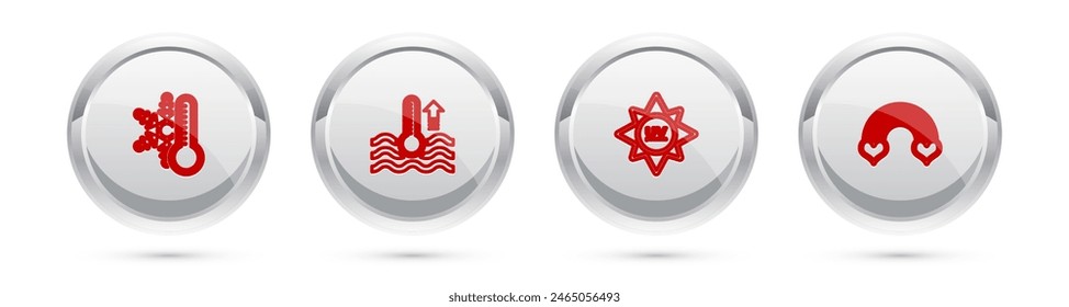 Set line Thermometer with snowflake, Water thermometer, UV protection and Rainbow heart. Silver circle button. Vector