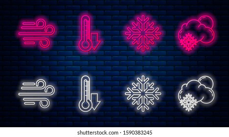Set line Thermometer, Snowflake, Wind and Cloud with snow and sun. Glowing neon icon on brick wall. Vector