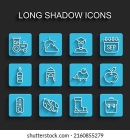 Set line Thermometer, Socks, Tractor, Waterproof rubber boot, School backpack, Winter hat, Apple and Hedgehog icon. Vector