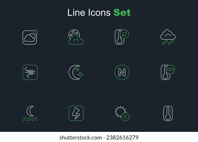 Set line Thermometer, Sun, Lightning bolt, Night fog or smoke, Compass north, Moon and stars and Wind icon. Vector