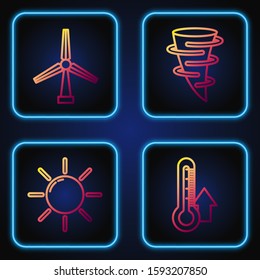 Set line Thermometer, Sun, Wind turbine and Tornado. Gradient color icons. Vector