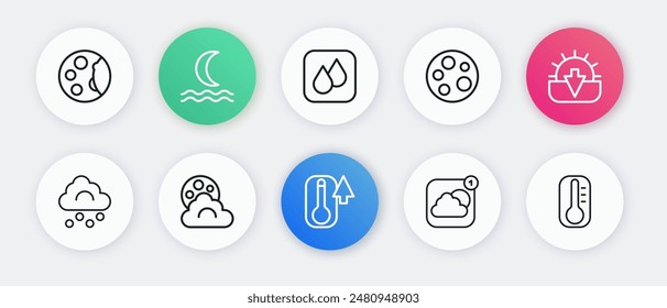 Set line Thermometer, Sunset, Hail cloud, Weather forecast app, Moon, Water drop,  and Cloud with moon icon. Vector
