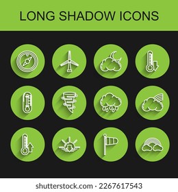 Set line Thermometer, Sunset, Wind rose, Cone meteorology windsock wind vane, Rainbow with clouds, Tornado,  and Cloud rain icon. Vector