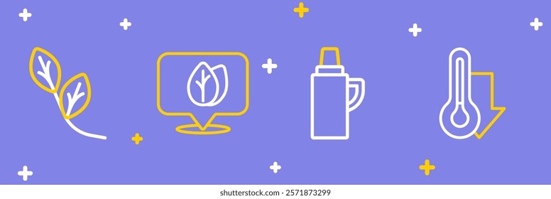 Set line Thermometer, Thermos container, Location with leaf and Leaf icon. Vector