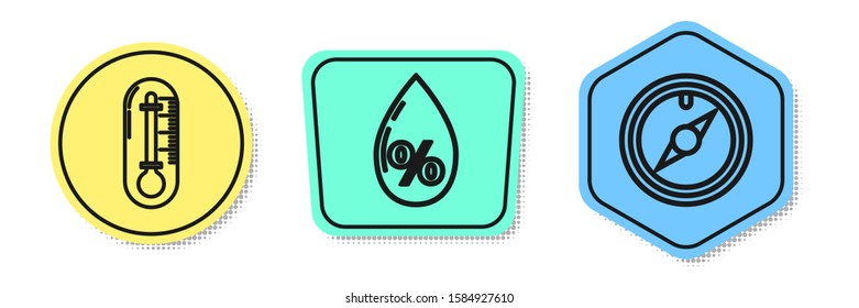 Set line Thermometer, Water drop percentage and Wind rose. Colored shapes. Vector