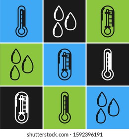 Set line Thermometer, Thermometer and Water drop icon. Vector