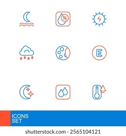 Set line Thermometer, Water drop, Moon and stars, Compass west, Cloud with snow, phases, Solar energy panel and percentage icon. Vector