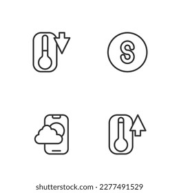 Set line Thermometer, Weather forecast app,  and Compass south icon. Vector