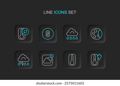 Set line Thermometer, Weather forecast app, Cloud and lightning, Moon phases, with rain, Compass south and  icon. Vector