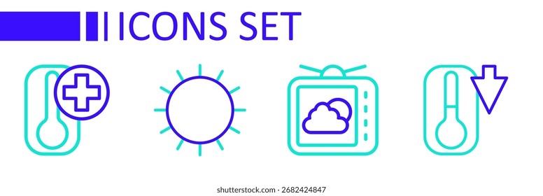 Fije el termómetro de la línea, el pronóstico del Clima, el sol y el icono. Vector