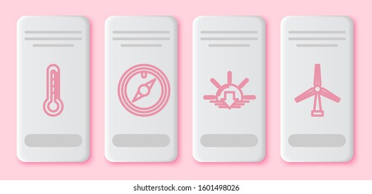 Set line Thermometer, Wind rose, Sunset and Wind turbine. White rectangle button. Vector